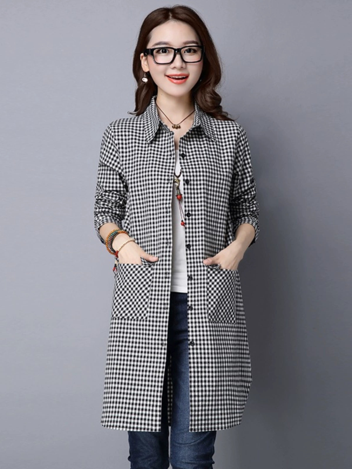 Coat plus Size Cotton Linen Plaid Loose Long Sleeves Shirt