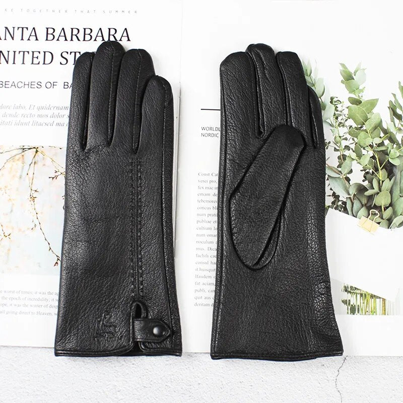 Goatskin Deerskin Grain Leather Gloves Women's Fashion Simple Style Velvet Lining Autumn Winter Warm Motorcycle Riding Glove