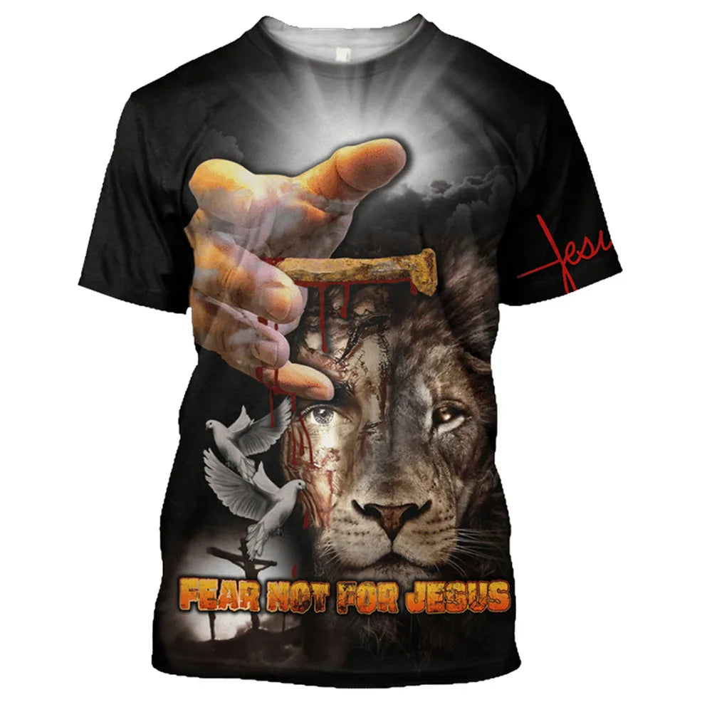 God Religion Christ Jesus And Lion 3D Print Men's T-shirts 0-Neck Short Sleeve Streetwear Loose Tops Tees Oversized T Shirts 6XL