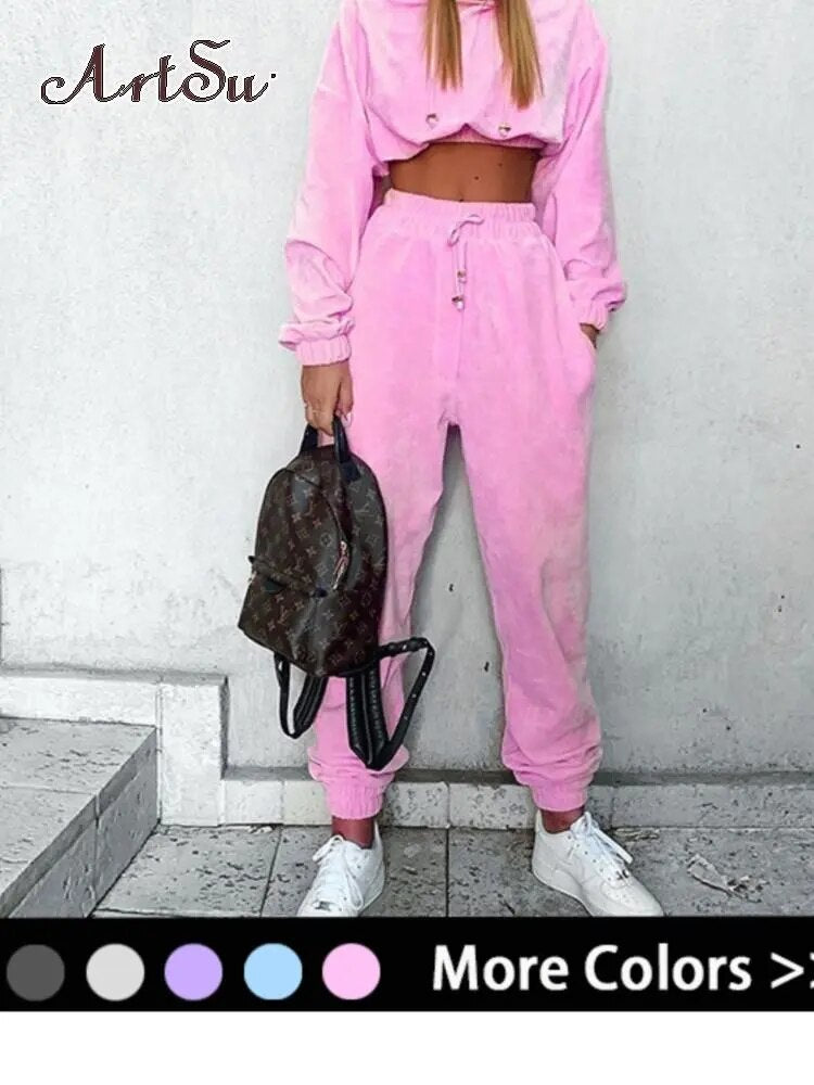 Artsu Flannel 2 Two Piece Set Sport Suit Pink Fleece Crop Top Hoodies Sweat Pants Women Matching Sets Clothing Outfit Sportswear