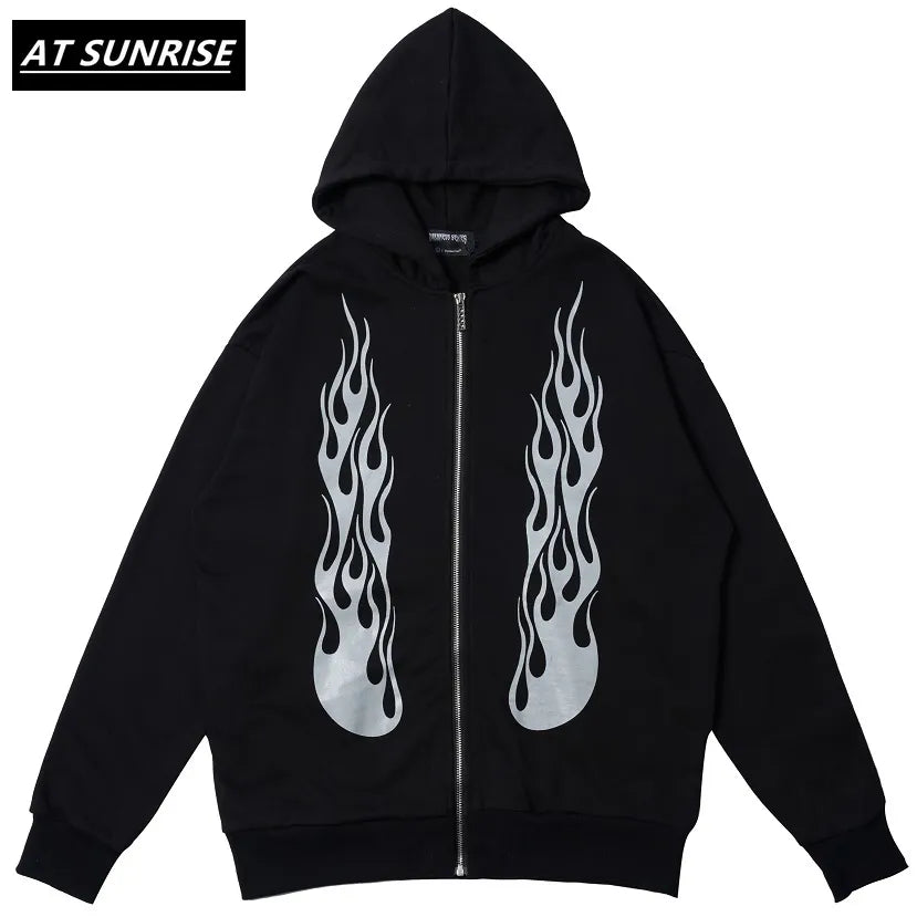 Men Casual Loose flame printed zip up hoodie Sweatshirts HipHop Hipster graphic Rock Streetwear Women Hoodie Fashion Jumper Tops