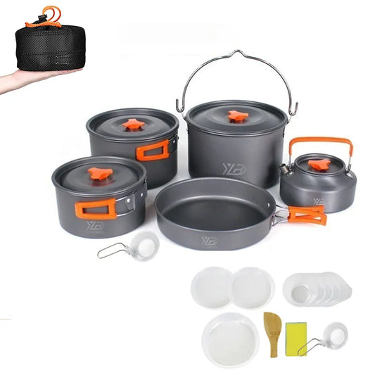 Camping Cookware Set Aluminum 2-8 Person Portable Outdoor Tableware Cookset Cooking Kit Pan Bowl Kettle Pot Hiking BBQ Picnic