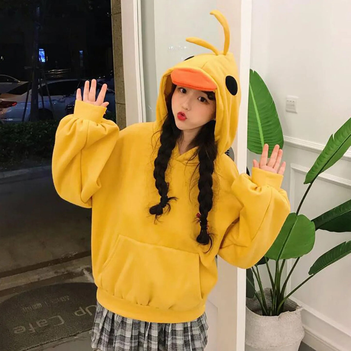 Autumn Winter 2020 Harajuku Sweatshirt Cute Cartoon Graphic Print Ladies Hoodie Ducks Cute Street Hoodies Women Pullover Yellow