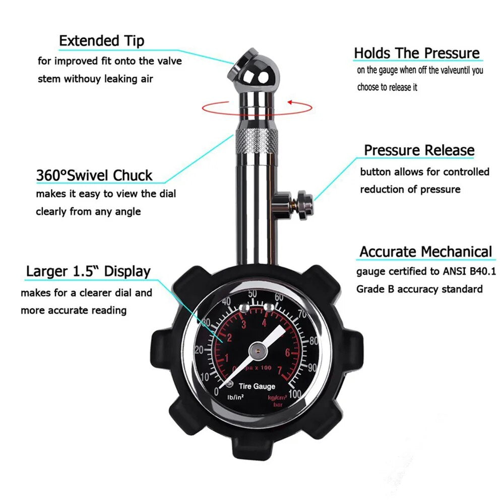 DSYCAR High Accuracy Tire Pressure Gauge Black 100 Psi for Accurate Car Air Pressure Tyre Gauge for Car Truck and Motorcycle New