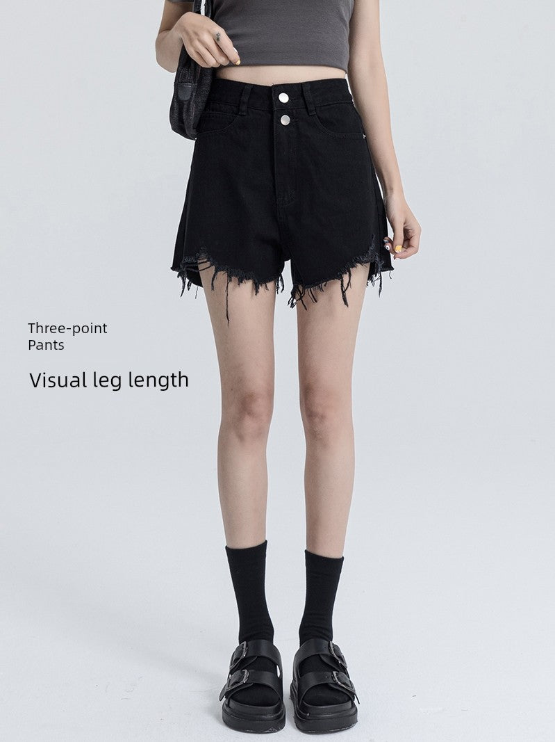 Black Denim Shorts Female Summer High Waist 2023 New Double Buckle Burr A- line Loose Slim Looking Sexy Hot Pants