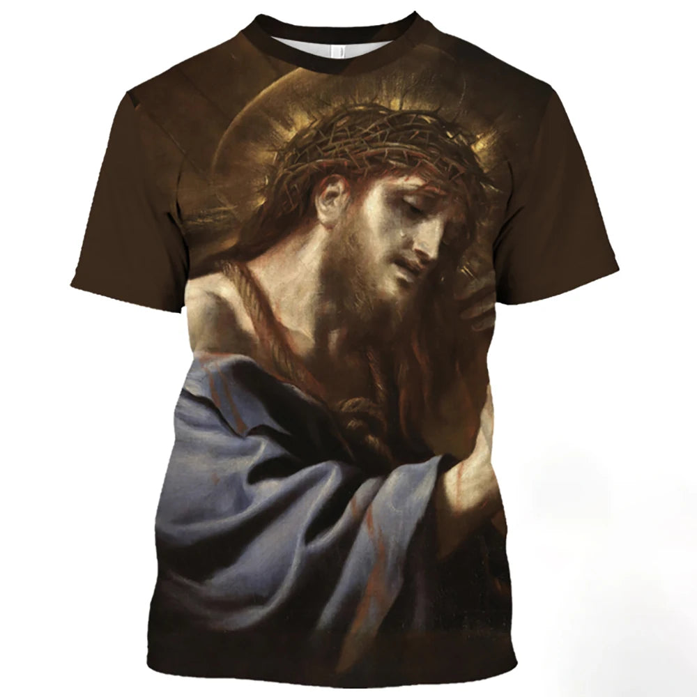 Jesus Christ Pattern T Shirt For Men Summer Casual O-Neck Oversized Short Sleeve Catholicism Print Quick-Drying Men's T-shirts