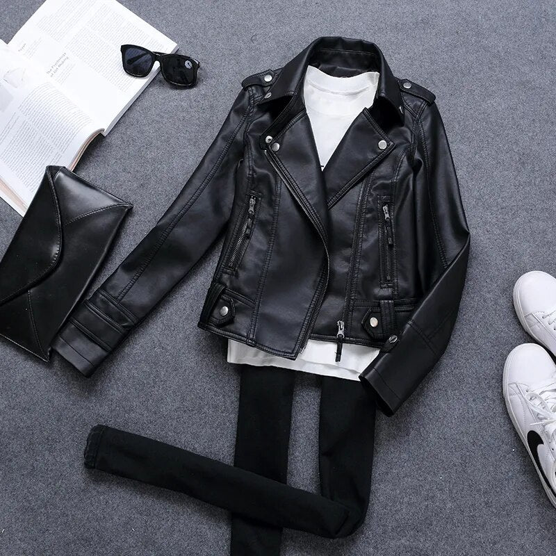 Fitaylor New Spring Autumn Women Short Faux PU Jacket Slim Fashion Punk Outwear Motorcycle Leather Jacket Casual Coat