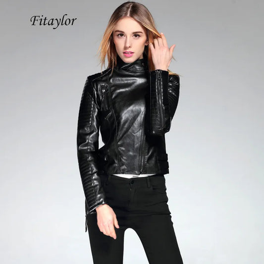 Fitaylor New 2022 Women PU Leather Short Jacket Slim Fashion Punk Outwear Long Sleeve Motorcycle Black Jacket Spring Outwear