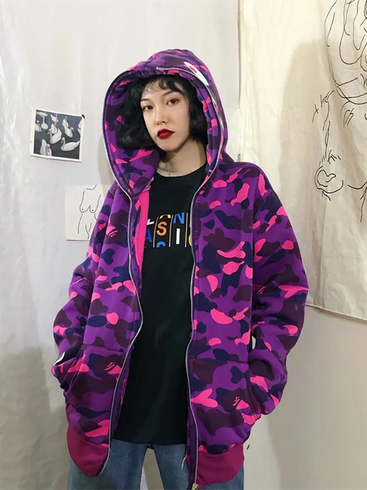 Autumn Winter New Shark Camouflage Streetwear Cardigan Sweater Women's Hip Hop Style Loose Long Sleeve Hooded Thin Zipper Coats