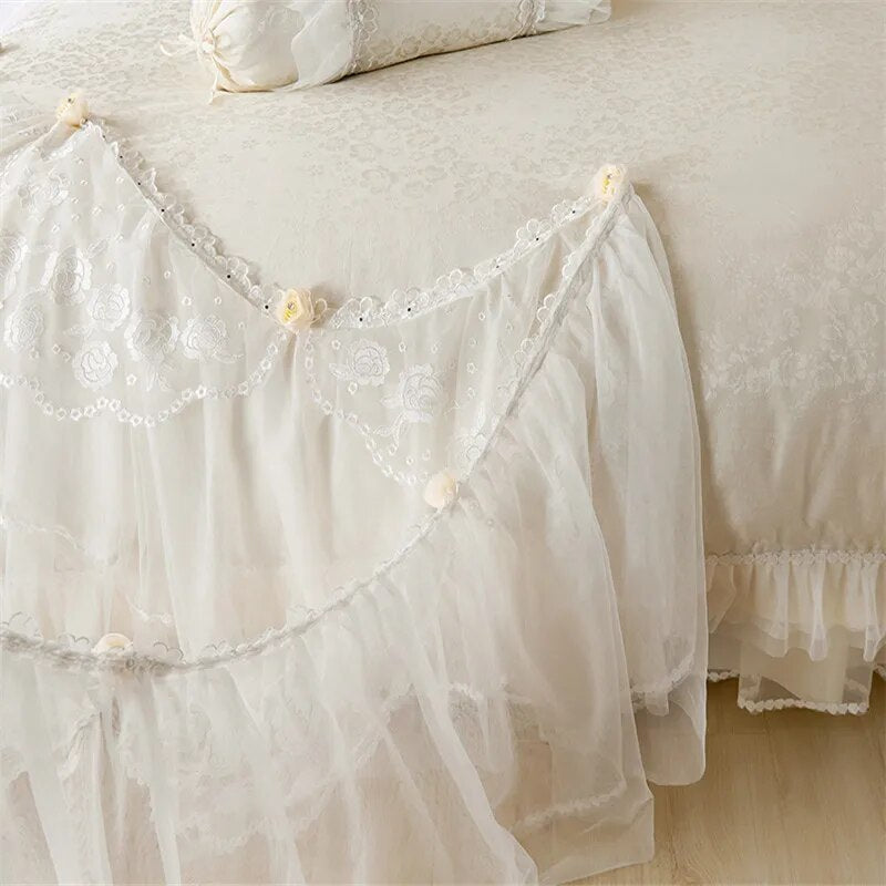 Cotton Jacquard Lace Princess Bed set Luxury Wedding Bedding Sets Queen King size Bedlinen Sheet Boho Duvet Cover Set Bedclothes