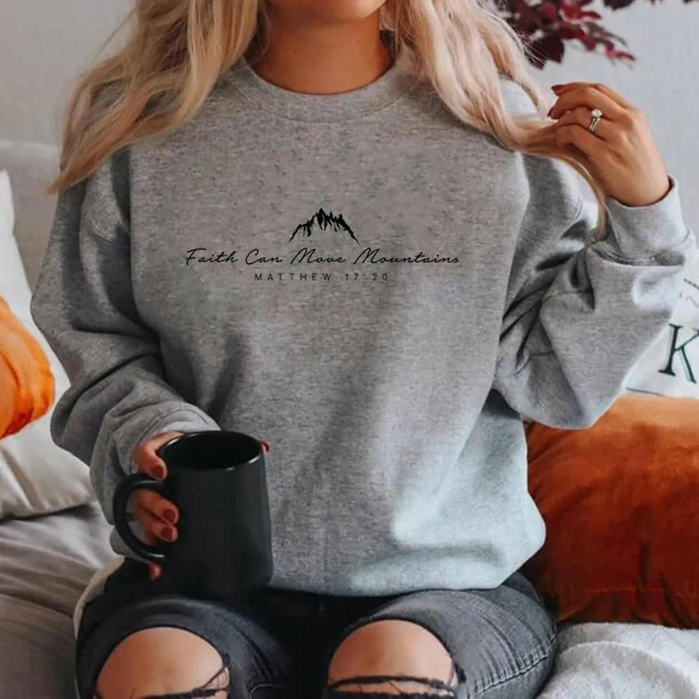 Faith Can Move Mountains Sweatshirt Christian Clothing Faith Hoodie Cute Religious Pullover Women Christian Sweater Graphic Top