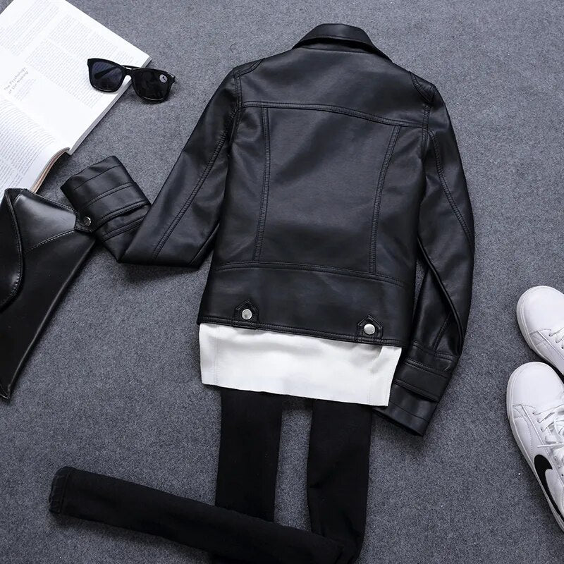 Fitaylor New Spring Autumn Women Short Faux PU Jacket Slim Fashion Punk Outwear Motorcycle Leather Jacket Casual Coat