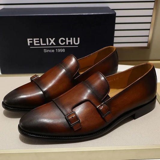 Fashion Gentleman Leather Men Monk Strap Loafer Shoes Slip On Elegant Men Dress Shoes Black Brown Double Buckle Strap Mens Shoes