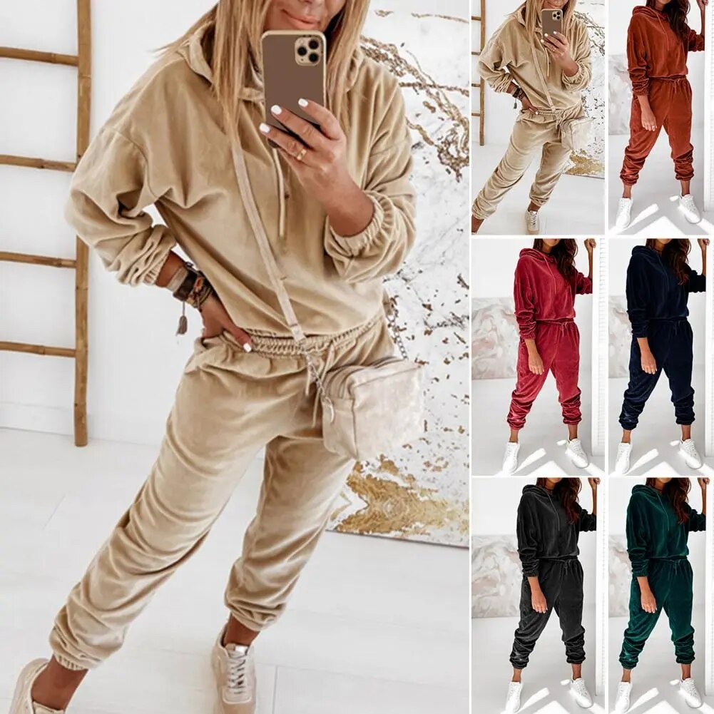 2 Pcs/Set Women Winter Tracksuit Solid Color Elastic Waist Drawstring Long Sleeves Jogging Mid Waist Women Hoodie Sweatpants Set