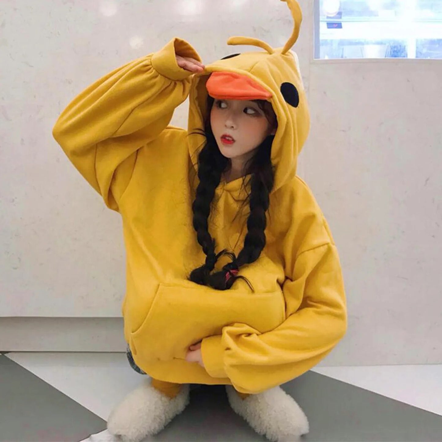 Autumn Winter 2020 Harajuku Sweatshirt Cute Cartoon Graphic Print Ladies Hoodie Ducks Cute Street Hoodies Women Pullover Yellow