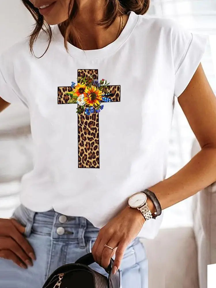 Faith Leopard Watercolor 90s Clothes Graphic T-shirt Fashion Short Sleeve Print T Shirt Clothing Tee Women Summer Female Top