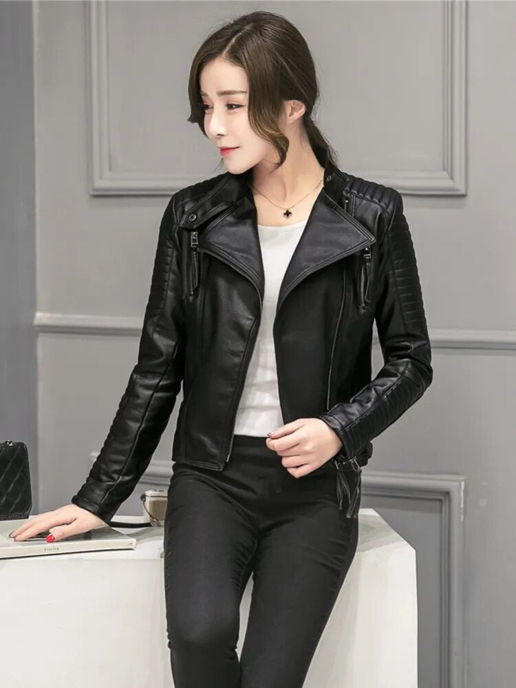 FTLZZ New Spring Autumn Women Faux Soft Leather Jackets Pu Black Blazer Zippers Coat Motorcycle Outerwear Biker Jacket