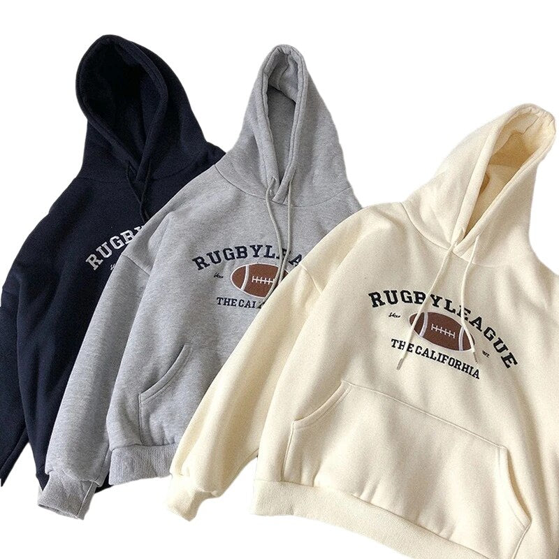 HXJJP Rugby Fleece Women Hoodie Beige Gray Blue Loose Casual Korean Style Sweatshirt Hooded Pull