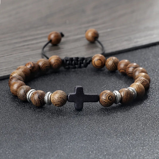 Handmade Natural Stone Wooden Beaded Bracelet Christian Jesus Cross Braided Bracelets Men Women Prayer Yoga Jewelry Couple Gift