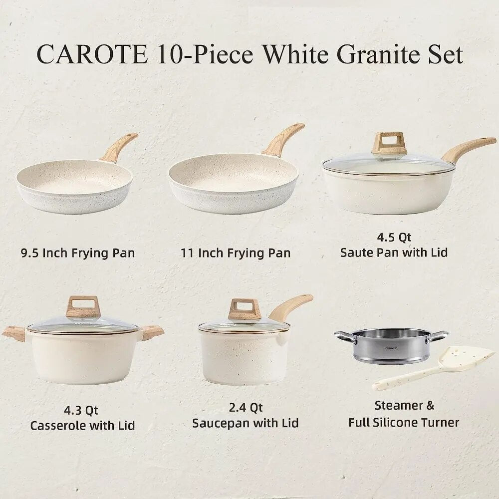 CAROTE Pots and Pans Set Nonstick, White Granite Induction Kitchen Cookware Sets, 10 Pcs Non Stick Cooking Set w/Frying Pans