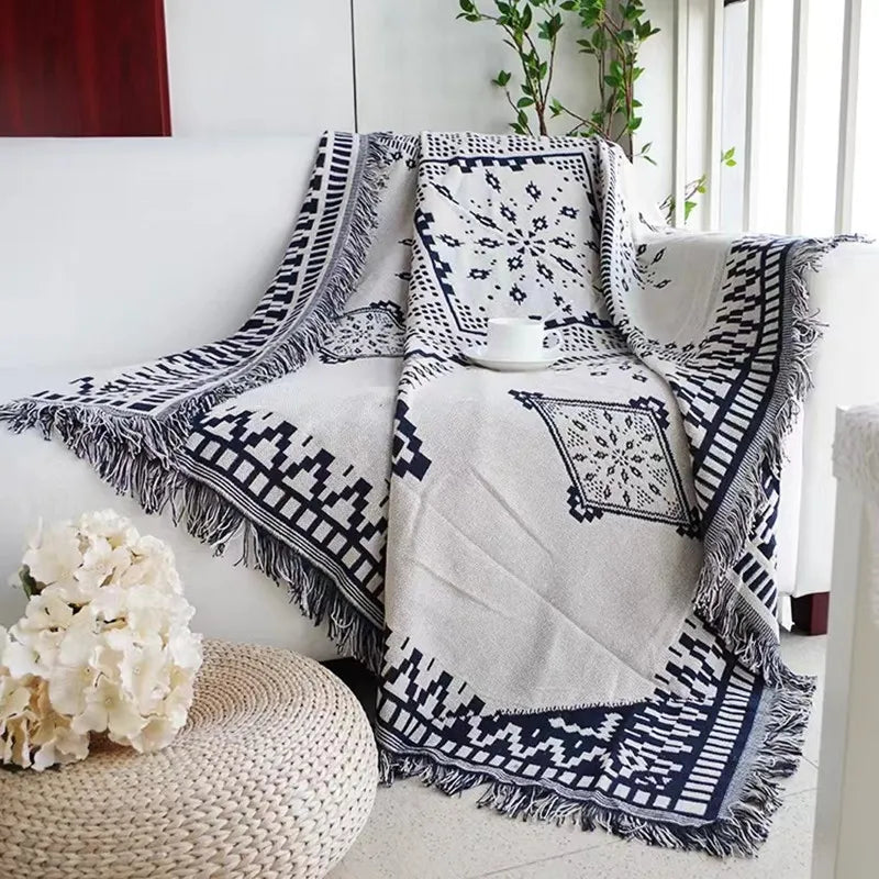 Europe Style Sofa Throw Blanket Cotton Thread Knitted Blanket with Tassel Geometry Bohemian Sofa Cover Bed Blanket Camping Rug