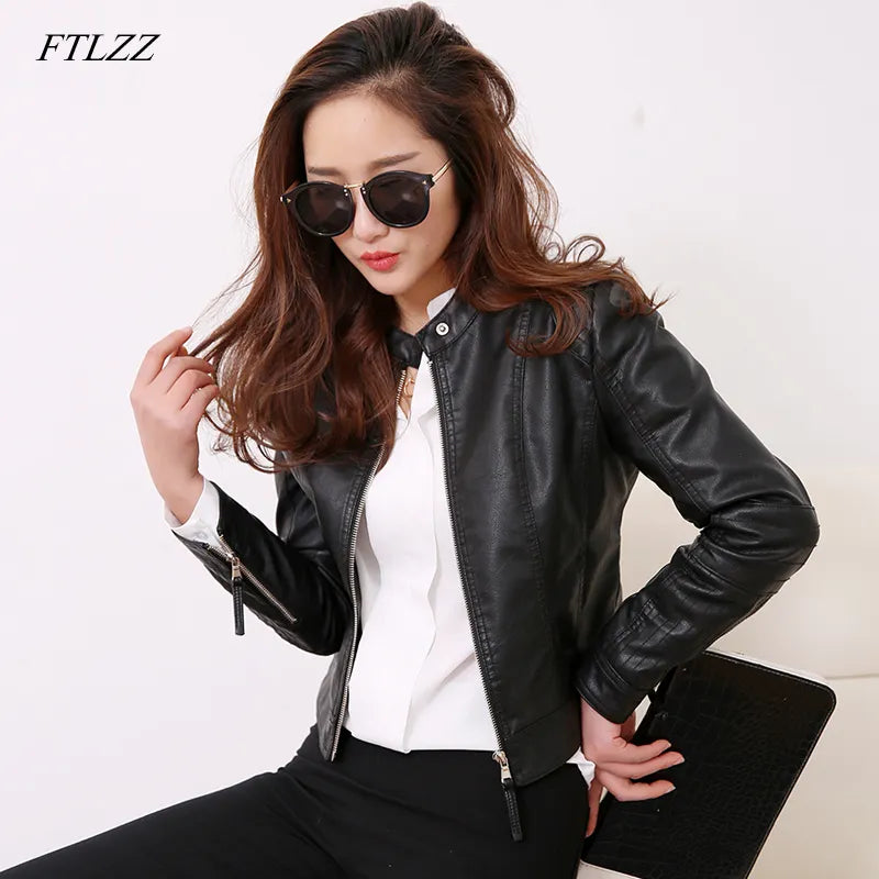 FTLZZ European Style O Neck PU Leather Jacket New Fashion Motorcycle Leather Outwear Women Slim Biker Coat Basic Streetwear