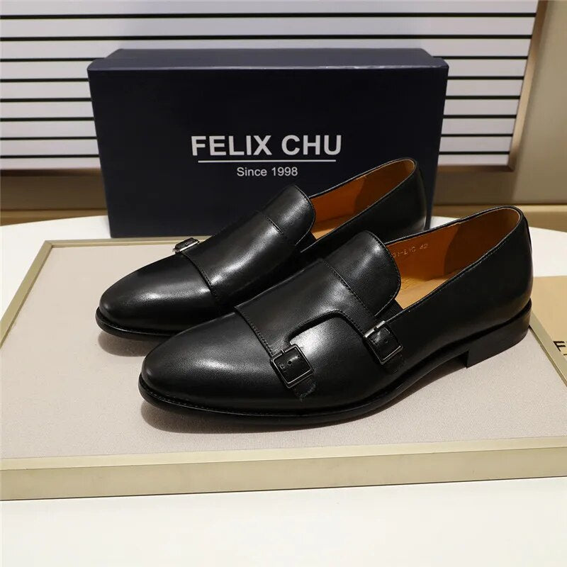 Fashion Gentleman Leather Men Monk Strap Loafer Shoes Slip On Elegant Men Dress Shoes Black Brown Double Buckle Strap Mens Shoes