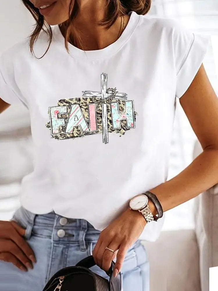 Faith Leopard Watercolor 90s Clothes Graphic T-shirt Fashion Short Sleeve Print T Shirt Clothing Tee Women Summer Female Top