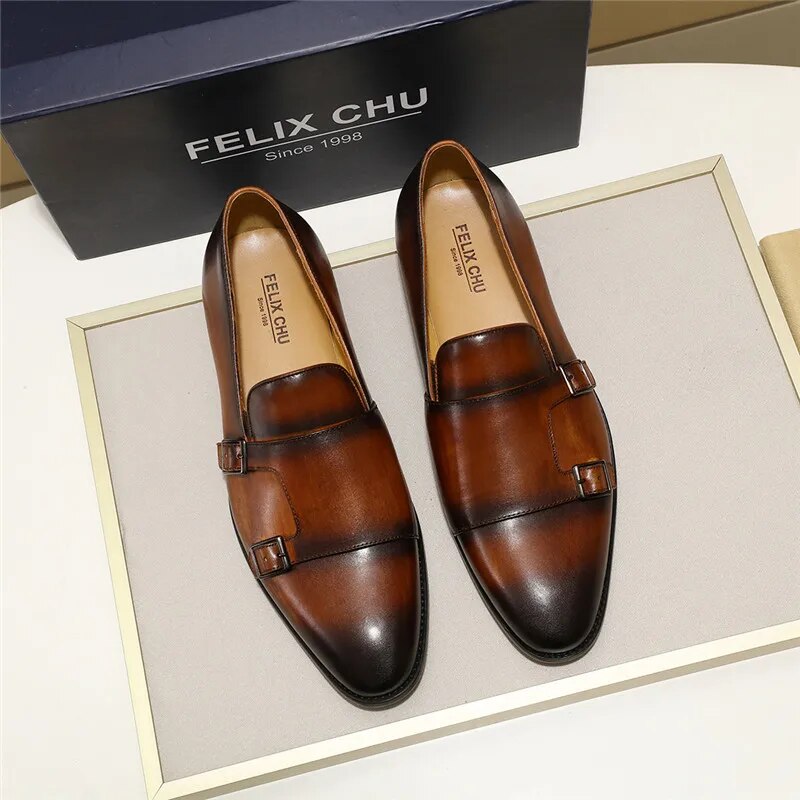 Fashion Gentleman Leather Men Monk Strap Loafer Shoes Slip On Elegant Men Dress Shoes Black Brown Double Buckle Strap Mens Shoes