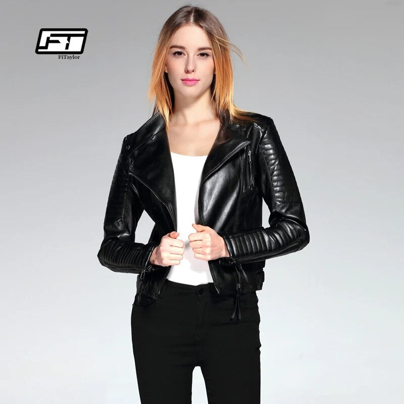 Fitaylor New 2022 Women PU Leather Short Jacket Slim Fashion Punk Outwear Long Sleeve Motorcycle Black Jacket Spring Outwear