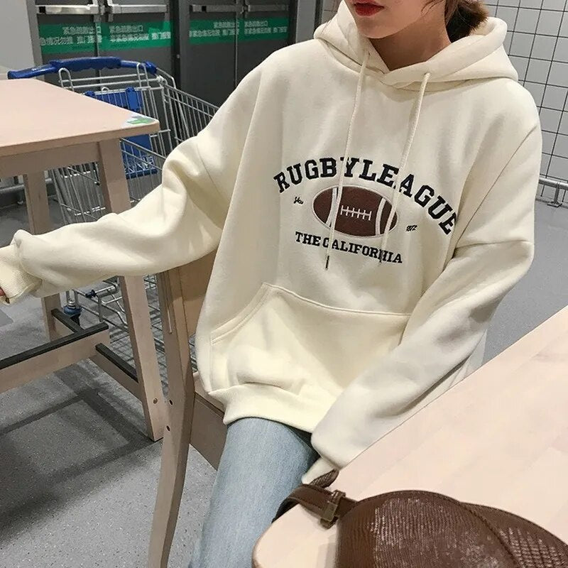 HXJJP Rugby Fleece Women Hoodie Beige Gray Blue Loose Casual Korean Style Sweatshirt Hooded Pull