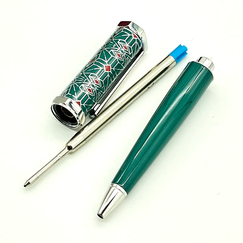 LAN CT Ballpoint Pen Santos-Dumont de Heptagon Blue / Green Barrel Luxury Red Rhombus Net Pattern Silver Trim With Serial Numb