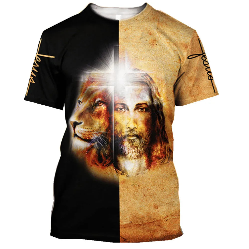 God Religion Christ Jesus And Lion 3D Print Men's T-shirts 0-Neck Short Sleeve Streetwear Loose Tops Tees Oversized T Shirts 6XL