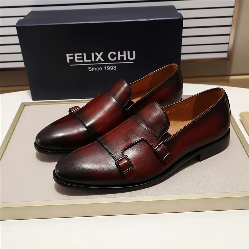 Fashion Gentleman Leather Men Monk Strap Loafer Shoes Slip On Elegant Men Dress Shoes Black Brown Double Buckle Strap Mens Shoes