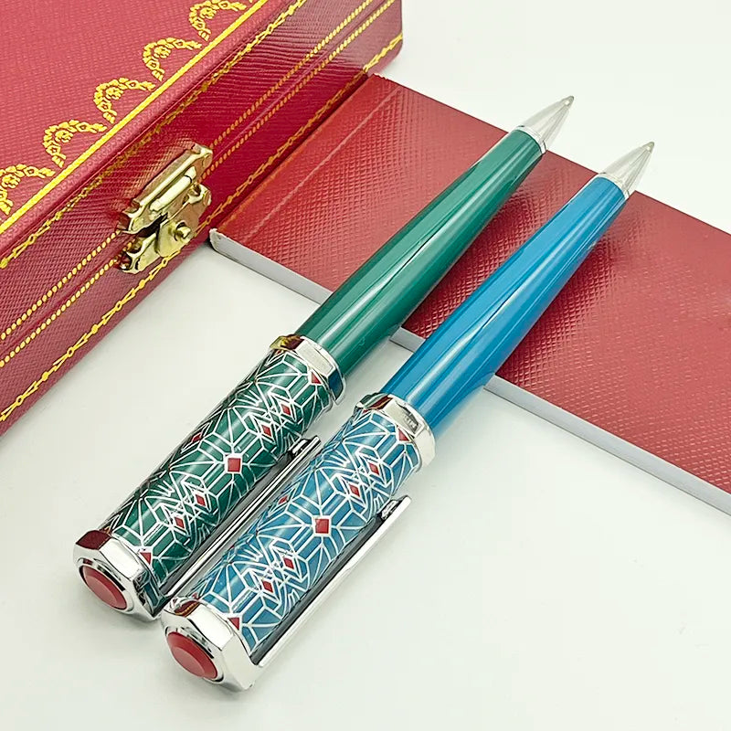 LAN CT Ballpoint Pen Santos-Dumont de Heptagon Blue / Green Barrel Luxury Red Rhombus Net Pattern Silver Trim With Serial Numb