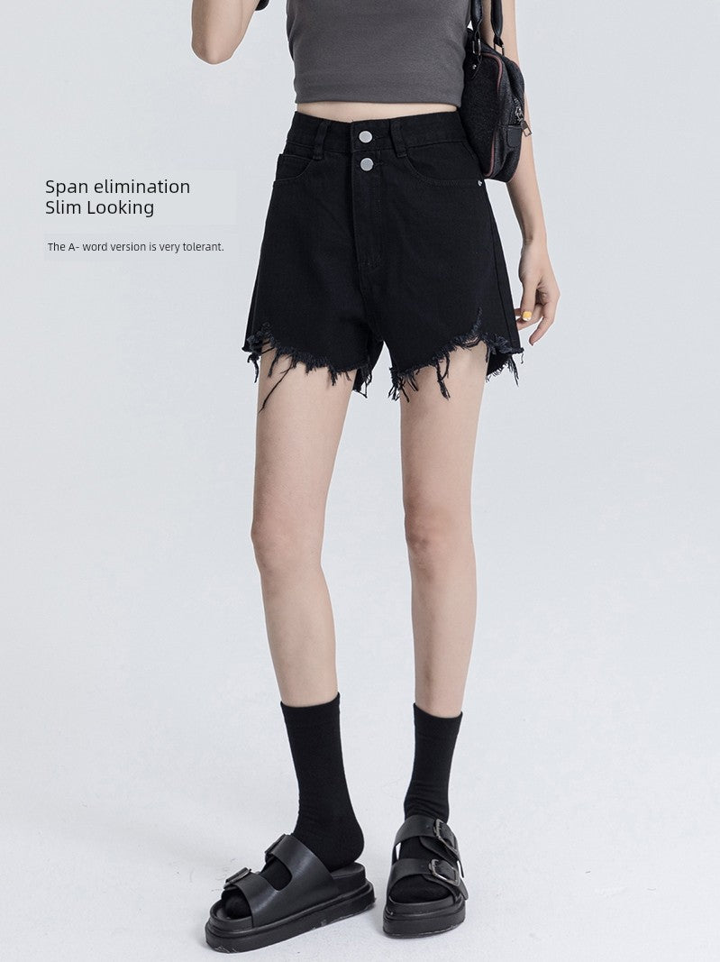 Black Denim Shorts Female Summer High Waist 2023 New Double Buckle Burr A- line Loose Slim Looking Sexy Hot Pants