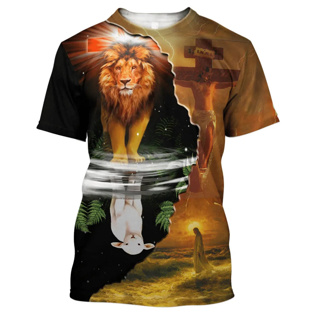 God Religion Christ Jesus And Lion 3D Print Men's T-shirts 0-Neck Short Sleeve Streetwear Loose Tops Tees Oversized T Shirts 6XL