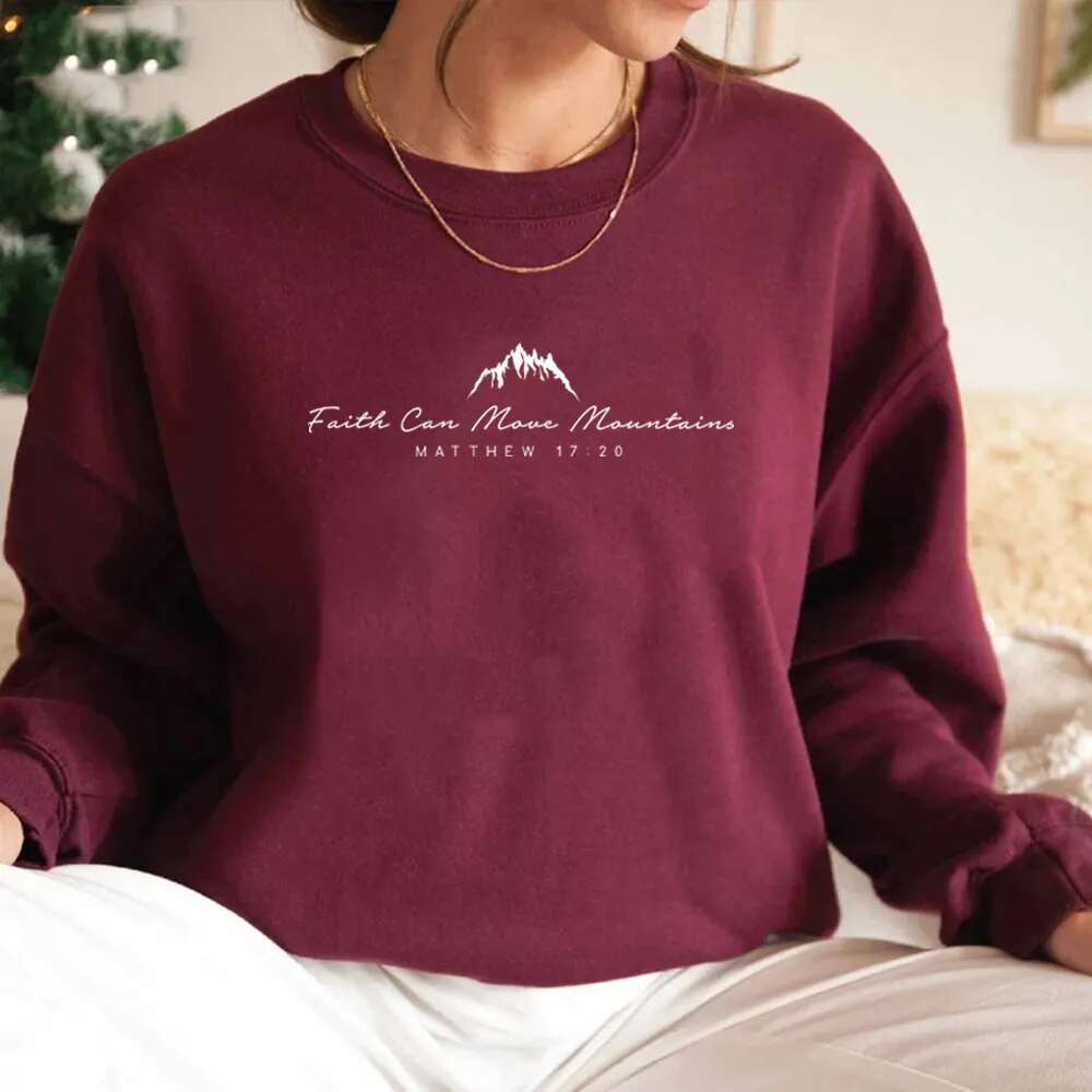 Faith Can Move Mountains Sweatshirt Christian Clothing Faith Hoodie Cute Religious Pullover Women Christian Sweater Graphic Top