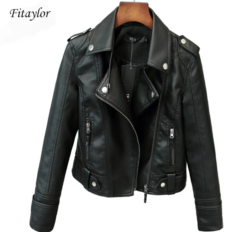 Fitaylor New Spring Autumn Women Short Faux PU Jacket Slim Fashion Punk Outwear Motorcycle Leather Jacket Casual Coat