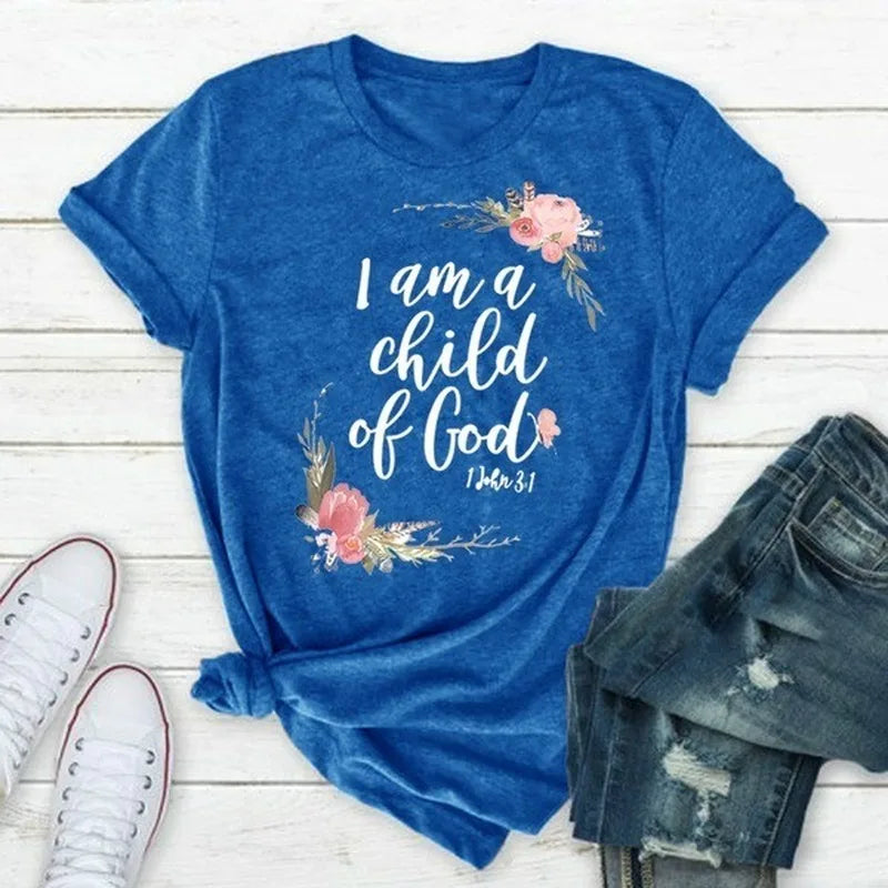 I Am A Child of God Letter Print T Shirt Women Short Sleeve O Neck Loose Tshirt Summer Women Tee Shirt Tops Camisetas Mujer