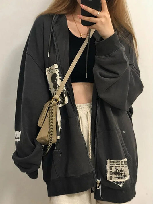 HOUZHOU Grunge Gothic Oversized Gray Women Hoodie E Girl Patchwork Black Sweatshirts 90s Vintage Style  Autumn Zip-up Crop Tops