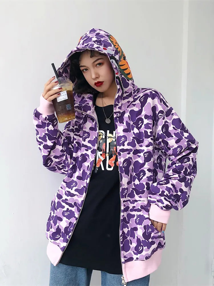 Autumn Winter New Shark Camouflage Streetwear Cardigan Sweater Women's Hip Hop Style Loose Long Sleeve Hooded Thin Zipper Coats