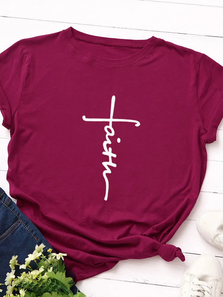 Faith Letter Print Women T Shirt Short Sleeve O Neck Loose Women Tshirt Ladies Tee Shirt Tops Clothes Camisetas Mujer