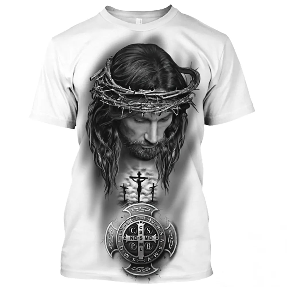 Jesus Christ Pattern T Shirt For Men Summer Casual O-Neck Oversized Short Sleeve Catholicism Print Quick-Drying Men's T-shirts