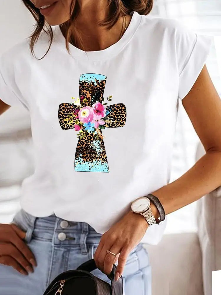 Faith Leopard Watercolor 90s Clothes Graphic T-shirt Fashion Short Sleeve Print T Shirt Clothing Tee Women Summer Female Top