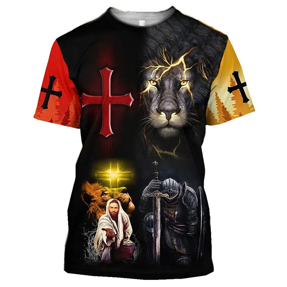 God Religion Christ Jesus And Lion 3D Print Men's T-shirts 0-Neck Short Sleeve Streetwear Loose Tops Tees Oversized T Shirts 6XL