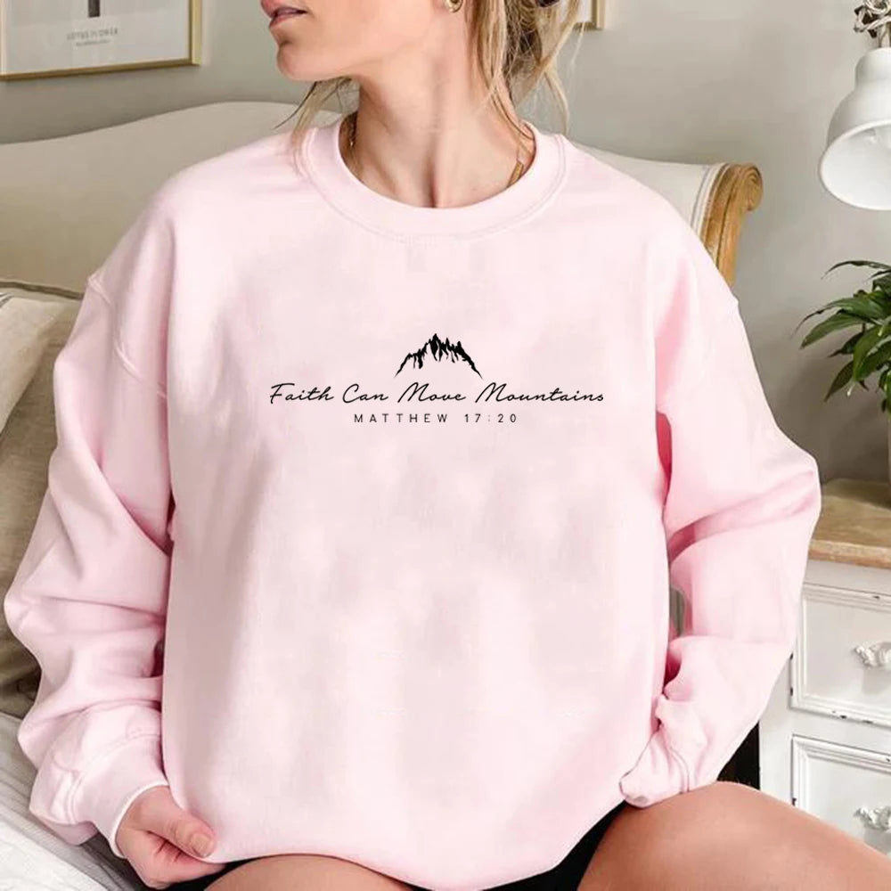 Faith Can Move Mountains Sweatshirt Christian Clothing Faith Hoodie Cute Religious Pullover Women Christian Sweater Graphic Top