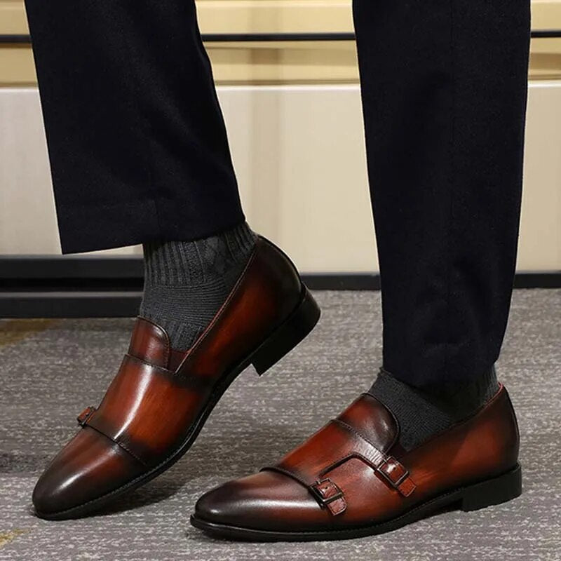 Fashion Gentleman Leather Men Monk Strap Loafer Shoes Slip On Elegant Men Dress Shoes Black Brown Double Buckle Strap Mens Shoes