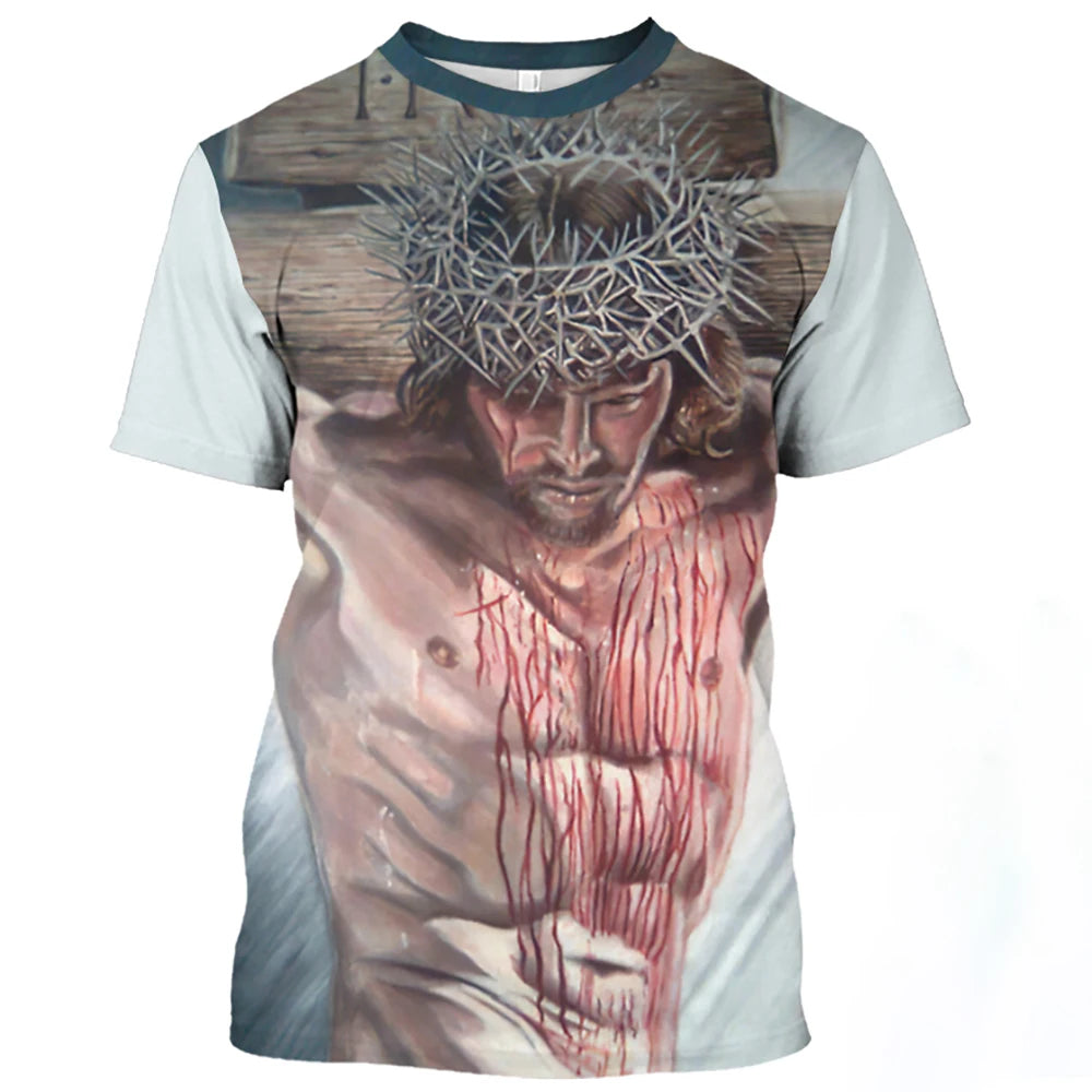 Jesus Christ Pattern T Shirt For Men Summer Casual O-Neck Oversized Short Sleeve Catholicism Print Quick-Drying Men's T-shirts