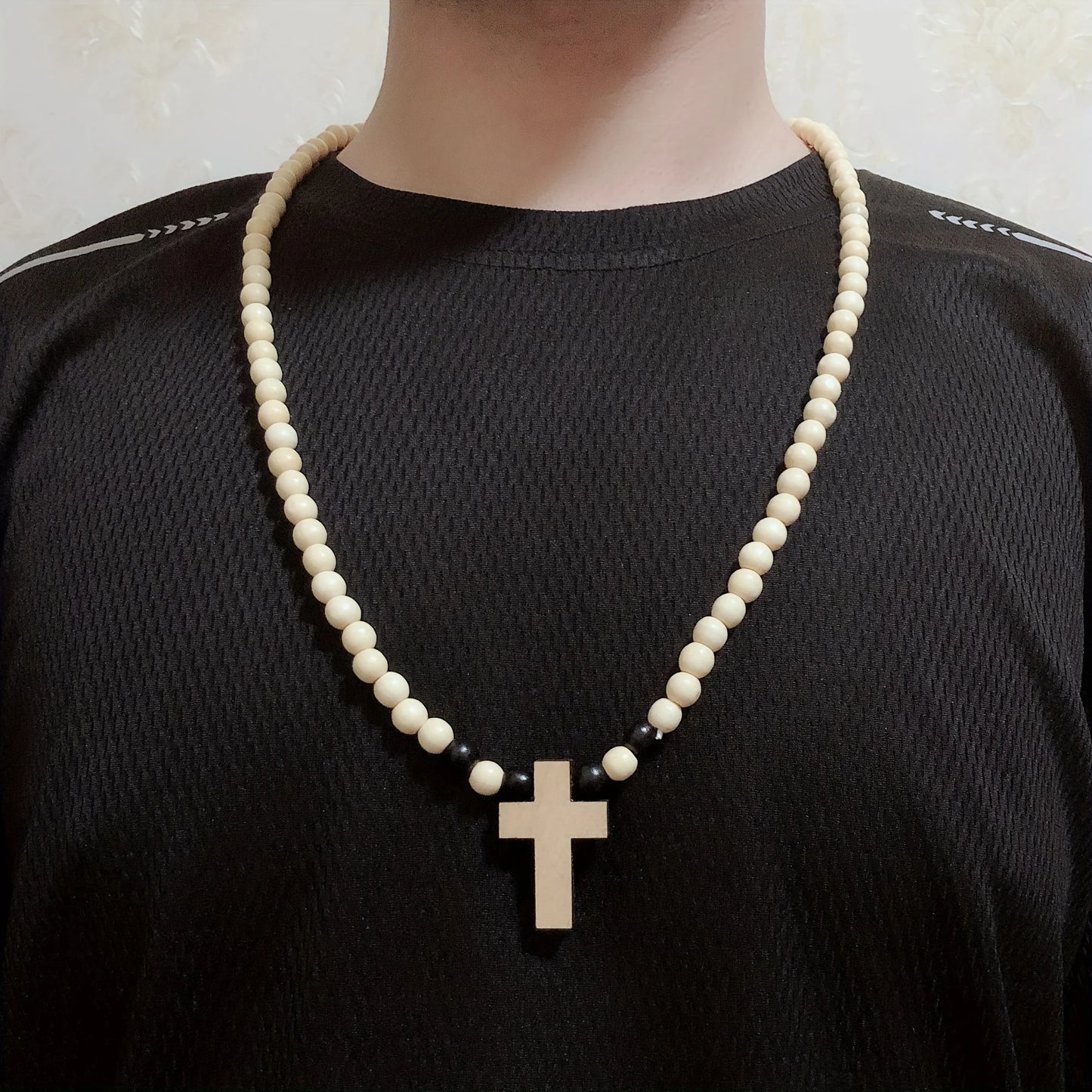 Cool Wooden Cross Beaded Necklace for Men and Women Beads Chain Natural Wood Christian Accessories